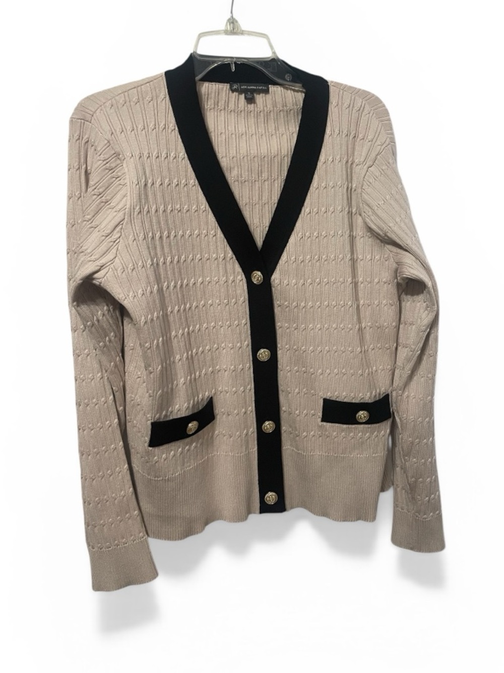 ADRIANA PAPELL beige V-Neck Cable knit Cardigan  gold buttons preppy sz XL